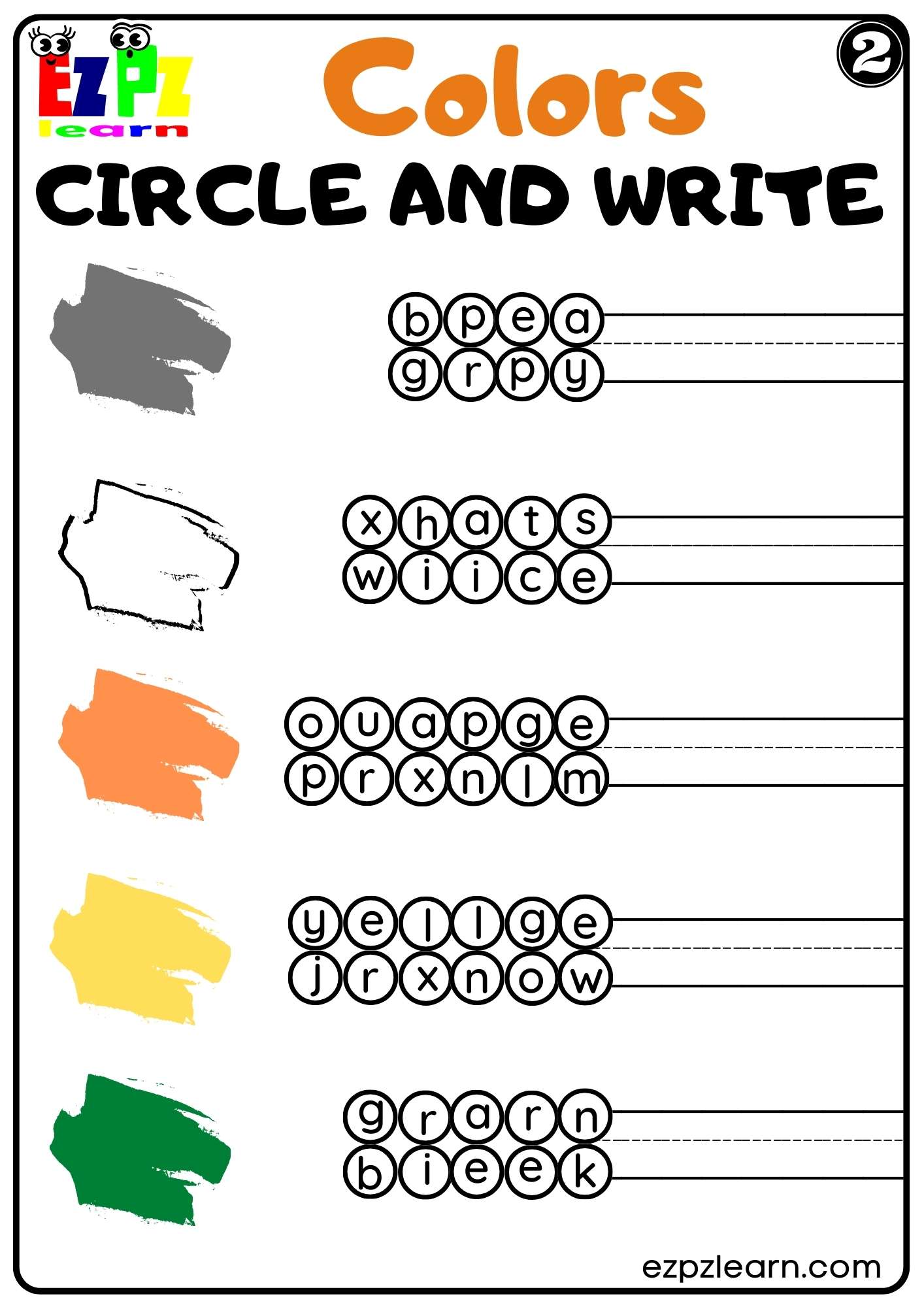 Colors Circle and Write Worksheet for K5 Kindergarten and ESL PDF Download Set 2